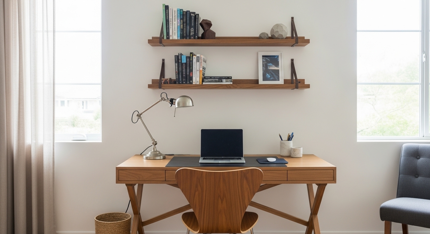 Minimalist wooden writing desk with a sleek laptop, desk lamp, bookshelf, and a designer chair in a cozy home office.

Prompt: