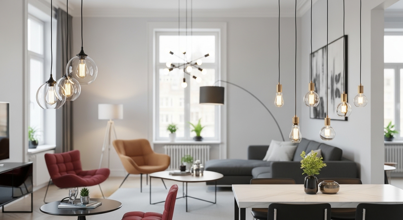 Pendant and multi-light hanging fixtures in a modern living room setting