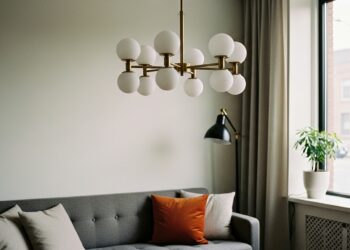 A cozy living room featuring a mid-century brass chandelier with frosted bulbs above a modern gray sofa and large window