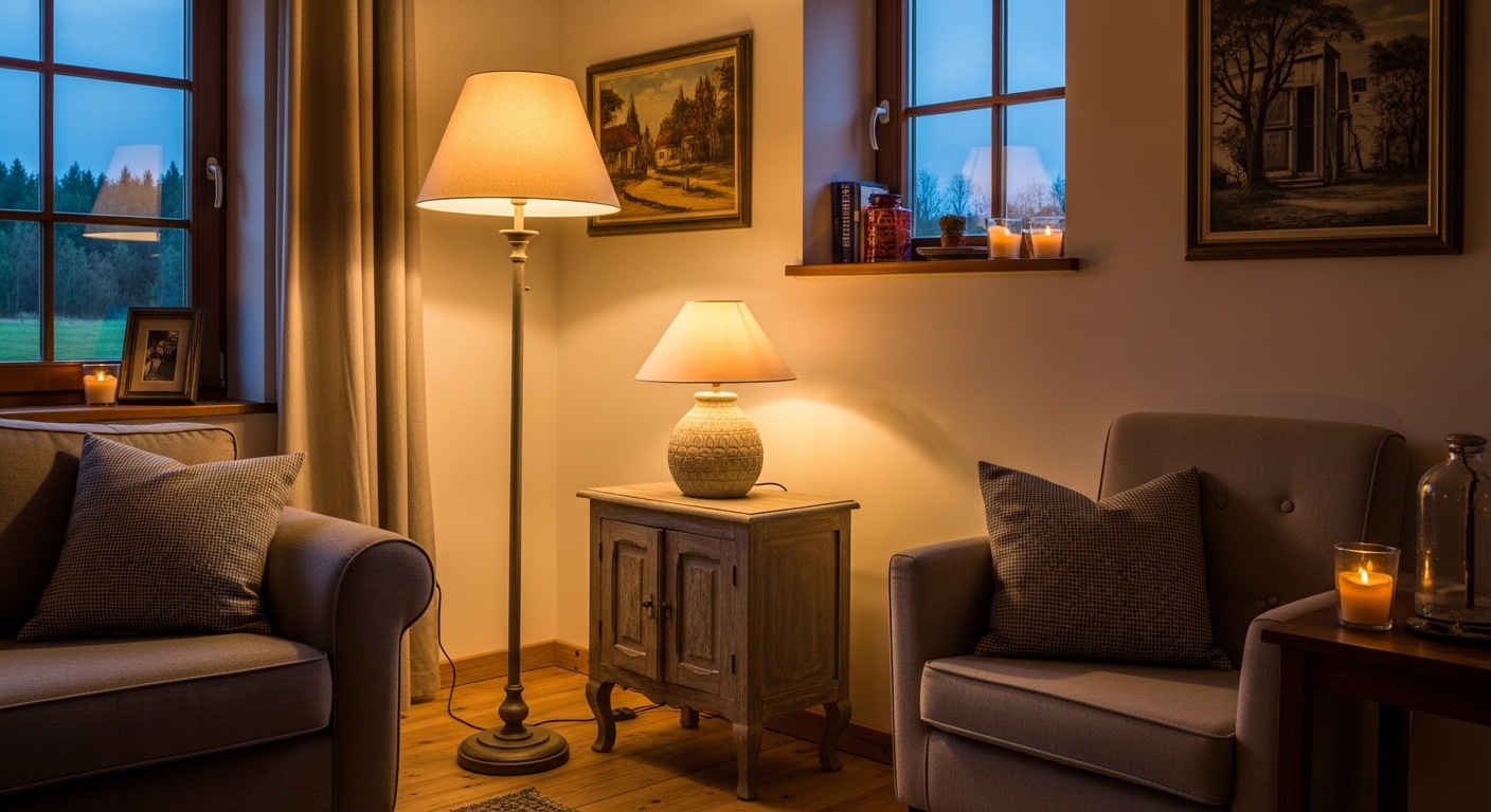 Cozy rustic room with a mix of lighting: standing lamp, table lamp, and candlelight for a layered, warm glow.