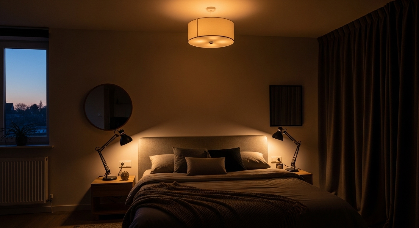 Warm layered lighting with overhead lamps, bedside task lights, and dimmers creating a tranquil bedroom mood.
