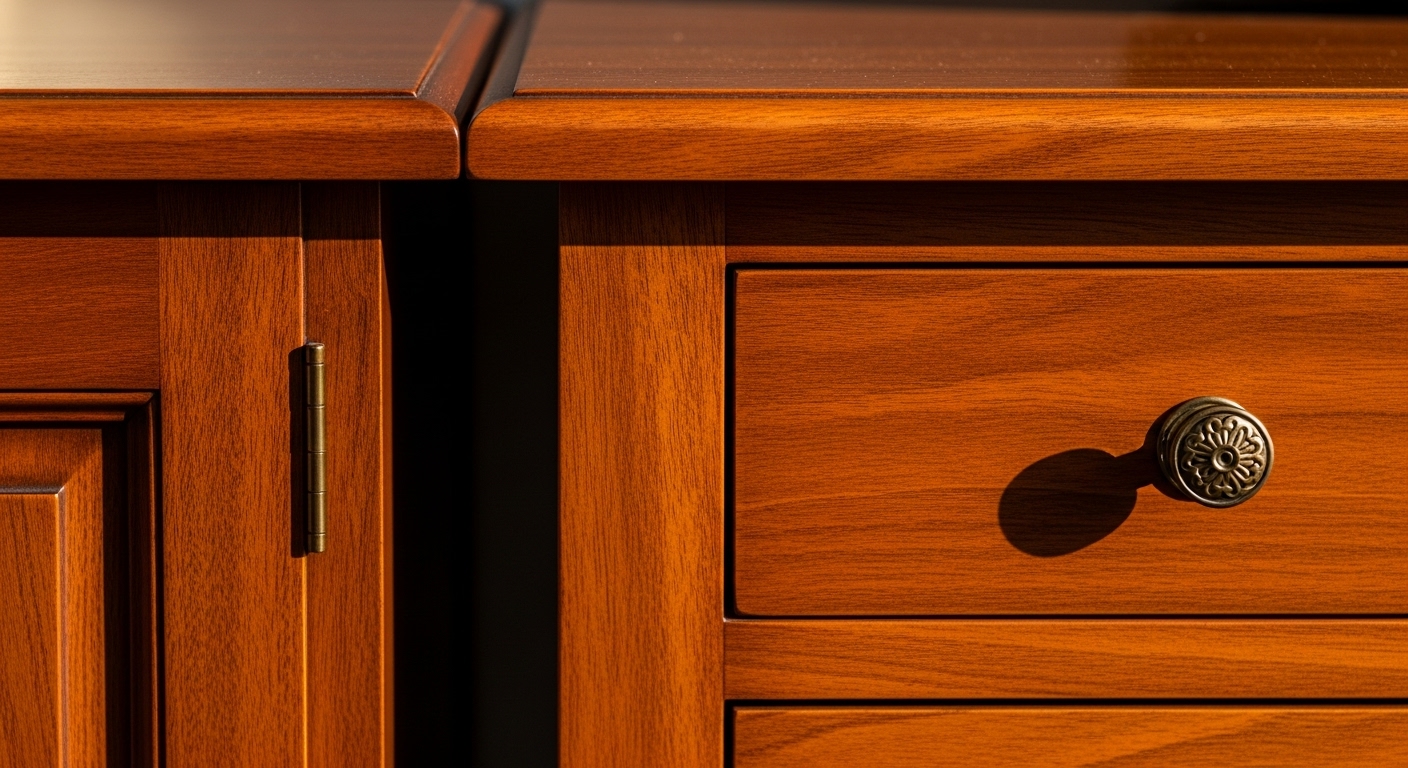 Close-up of classic furniture made with mahogany, cherry, and oak wood showing rich grain patterns