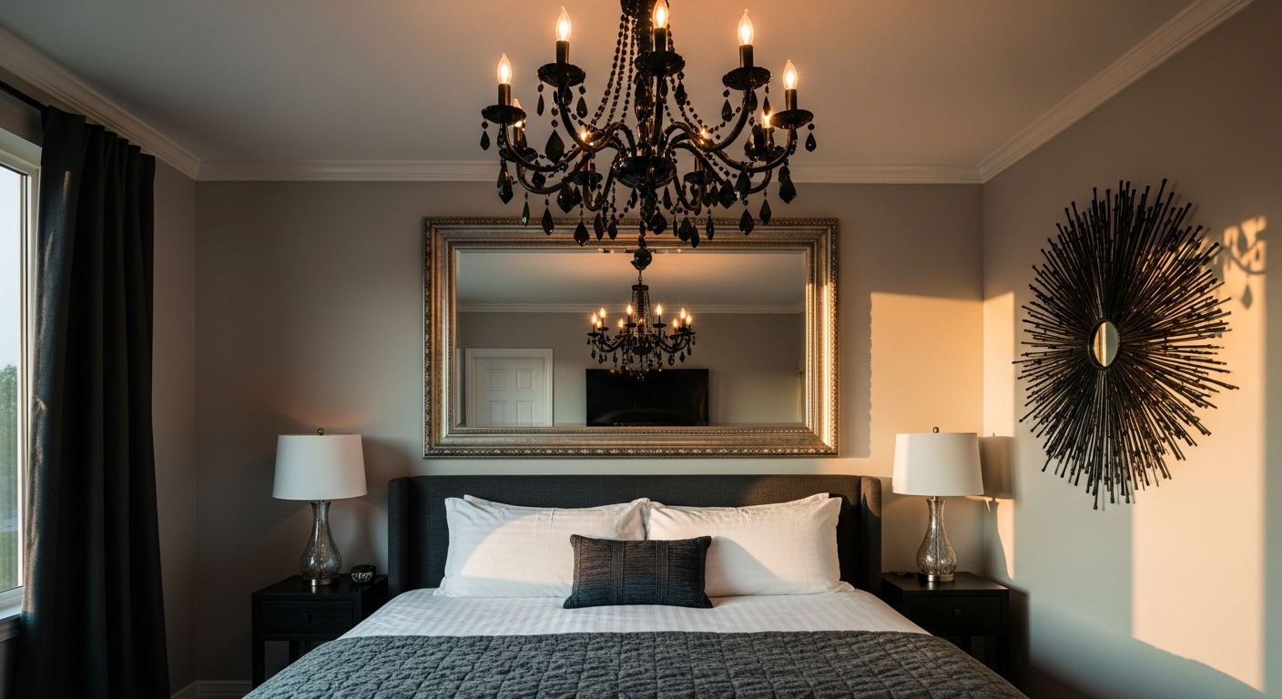 Bedroom interior with a chandelier, ornate mirror, and unique artwork as statement decor pieces