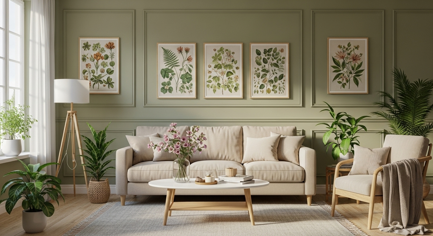 Living room with green and beige tones, evoking a peaceful, nature-inspired environment.