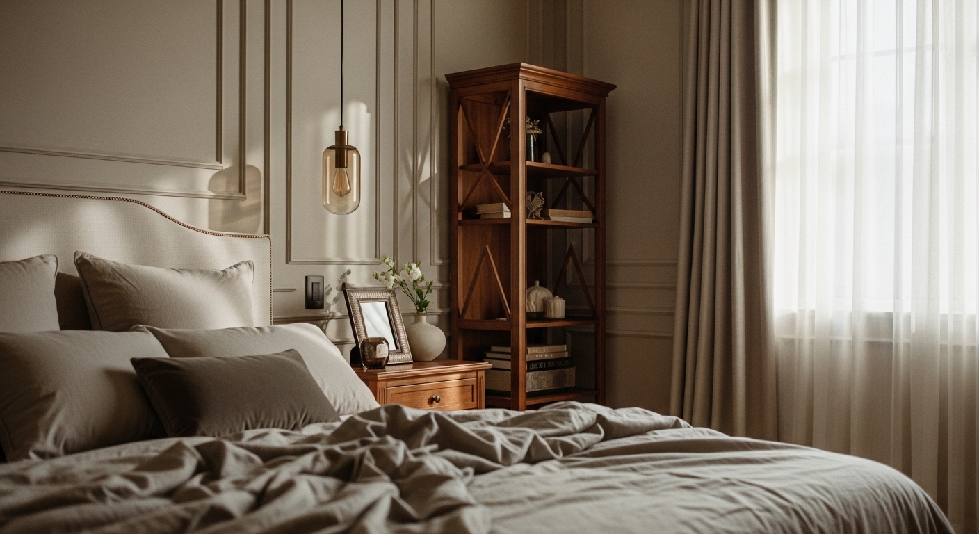 Cozy bedroom in warm neutral palette including beige, taupe, and soft grey shades