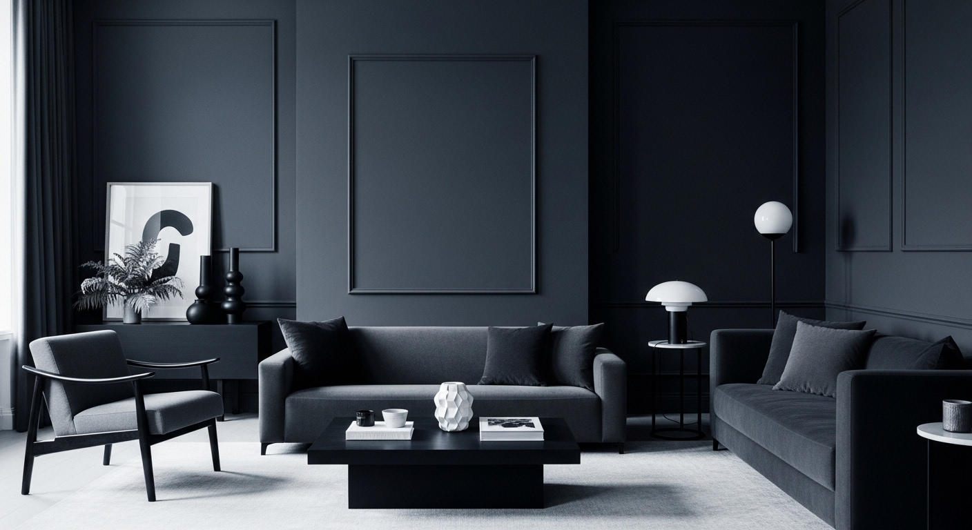 Monochrome-themed living room showcasing layered tones of a single dark color for a visually striking and elegant look