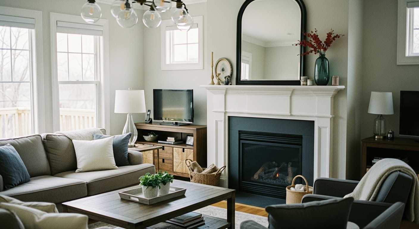 A home interior with a newly renovated fireplace mantel and updated decor, showcasing a modern cozy living room design
