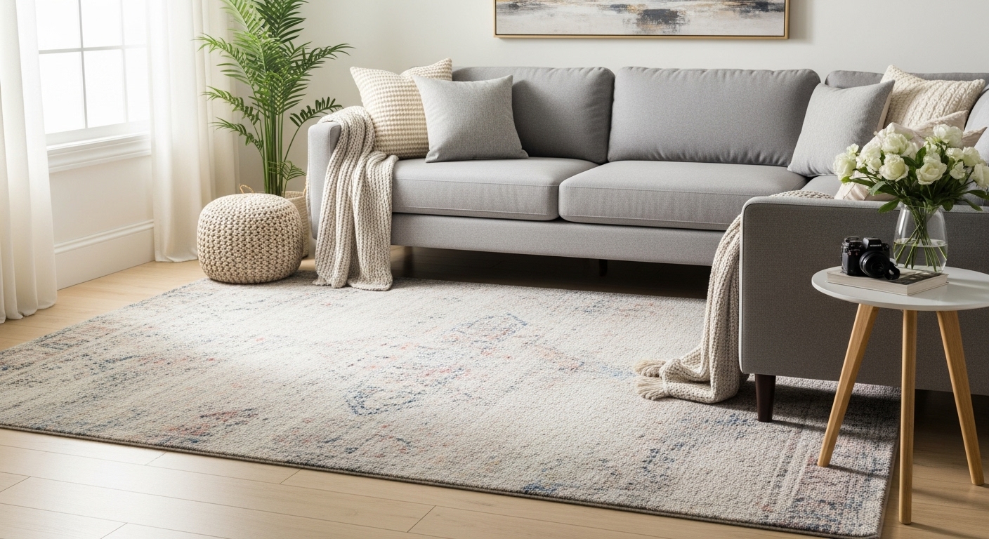 A summer-inspired room with a natural jute rug under a white sectional sofa, light decor and airy atmosphere.