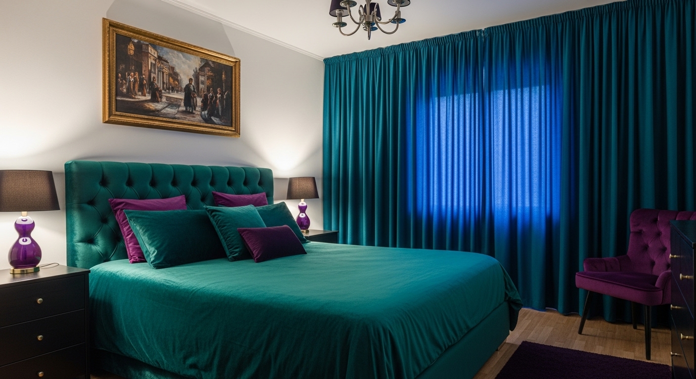 Dramatic bedroom design with bold jewel-toned decor in sapphire, emerald, and deep purple