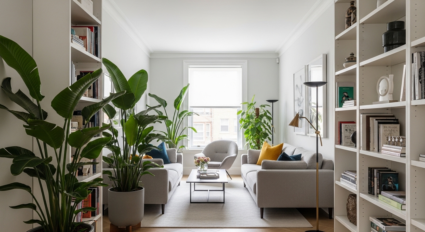 Narrow living room with vertical elements like tall plants and bookcases that draw the eye upward and enhance perceived space.