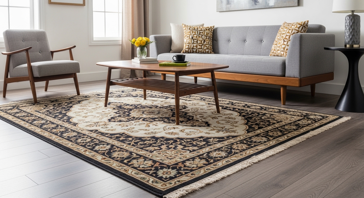 Living room with a rug misaligned with walls and furniture, creating visual imbalance.

