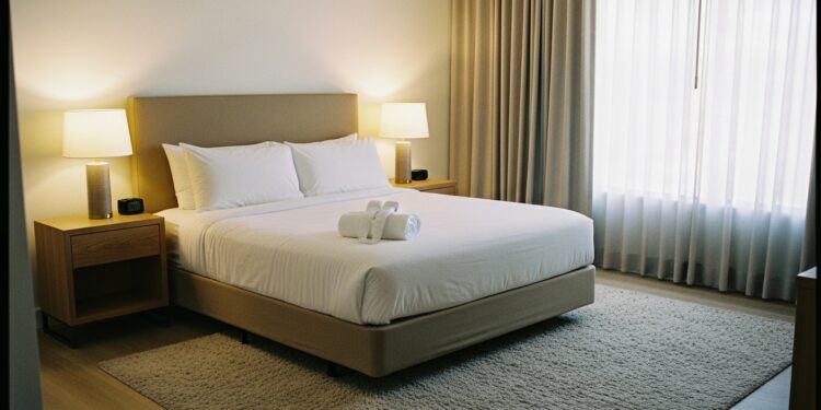 A cozy, modern bedroom with a queen bed and an 8x10 area rug extending beneath, showcasing ideal rug placement for queen beds.