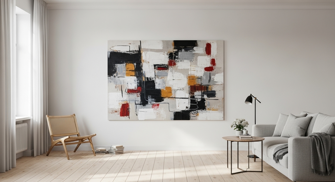 A single large art piece hanging on a minimalist wall, serving as a bold focal point in a modern room.