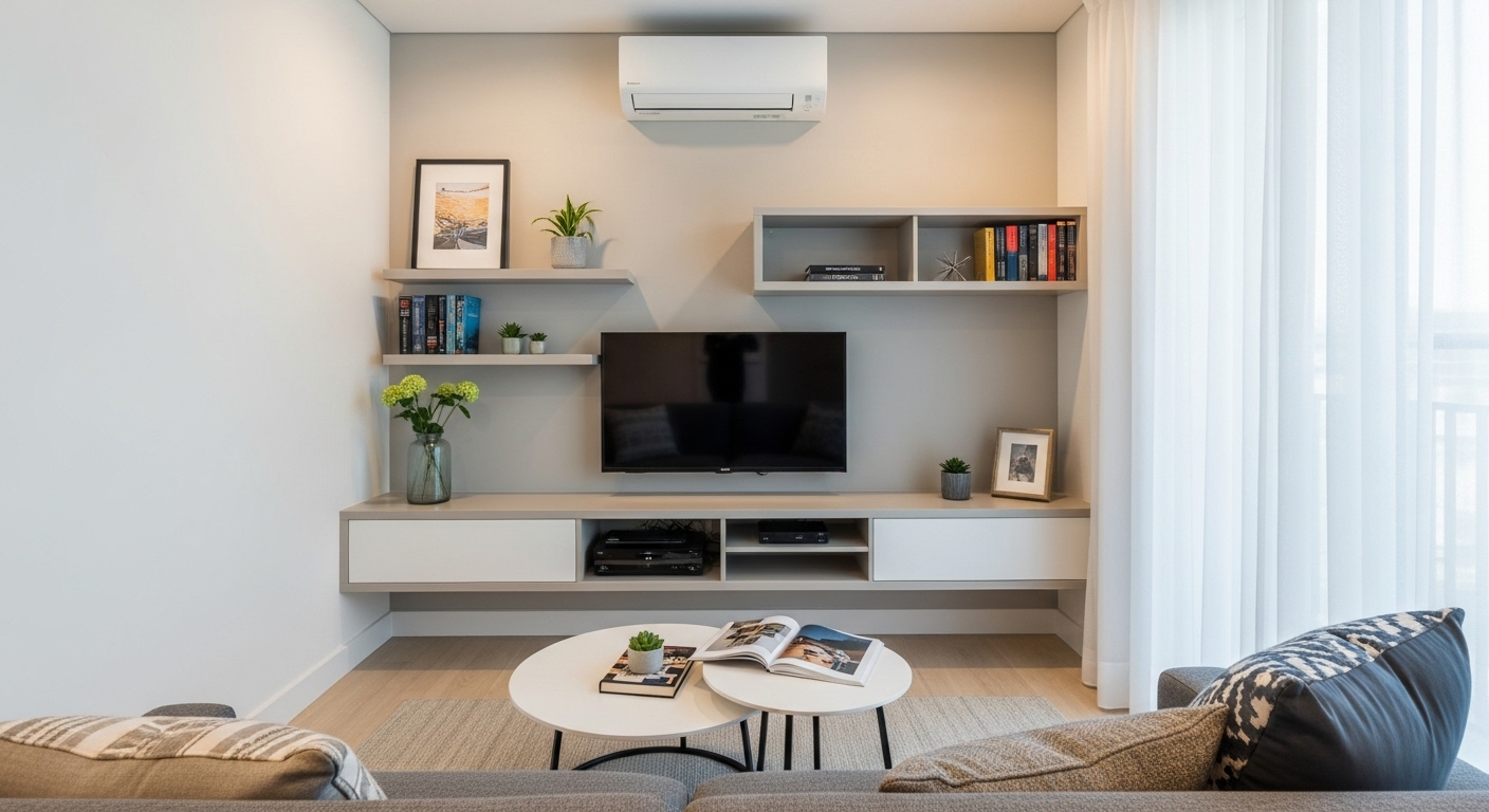 Living space where furniture is pulled slightly away from the walls to create a sense of openness and flow in a small TV lounge