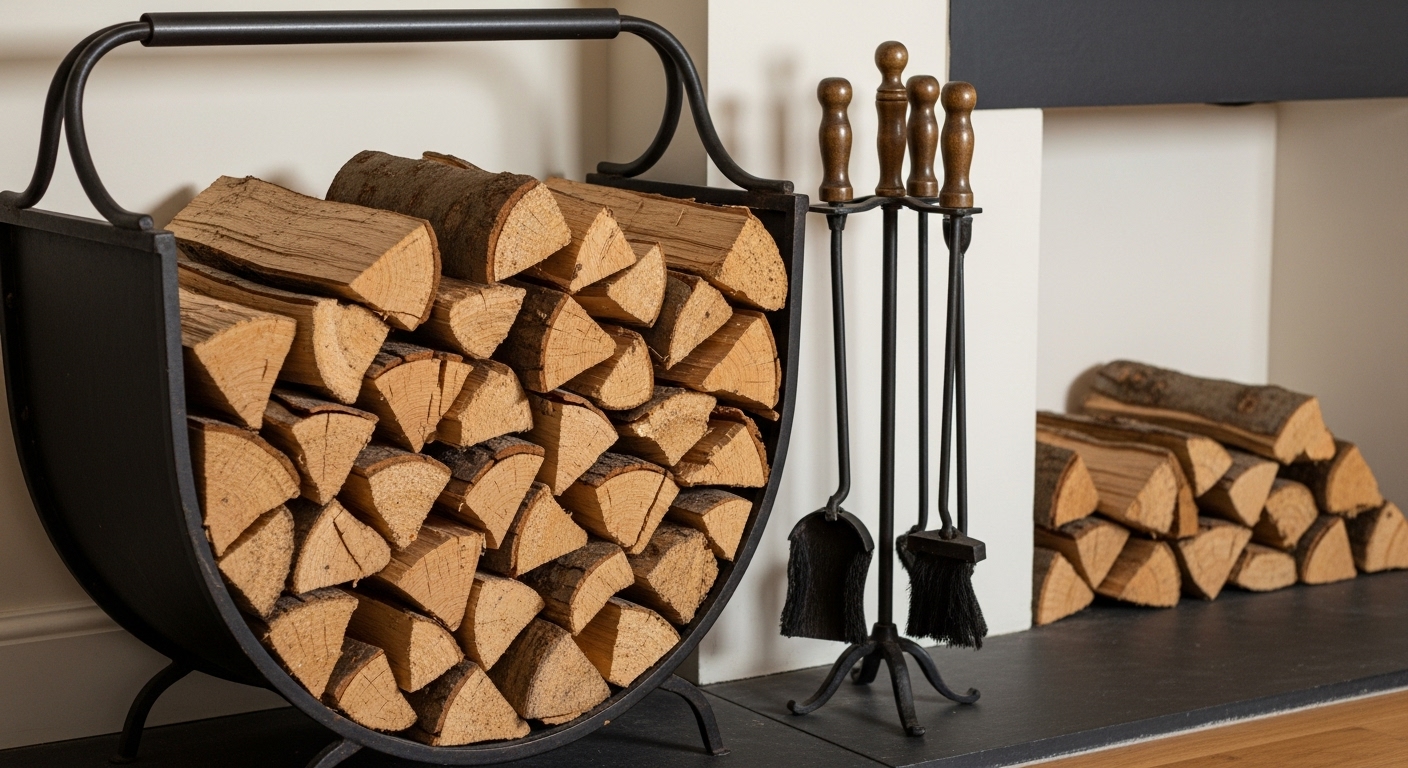 A decorative firewood holder and fireplace toolset arranged beside a traditional fireplace