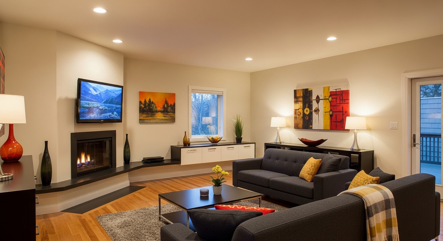 Flat-screen TV mounted on the wall beside a corner fireplace for balanced room design