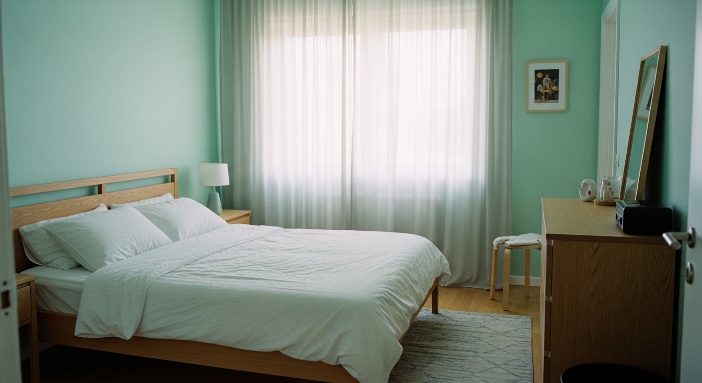 Mint green bedroom featuring white bed linens, light wooden furniture, and natural lighting for a fresh, youthful atmosphere