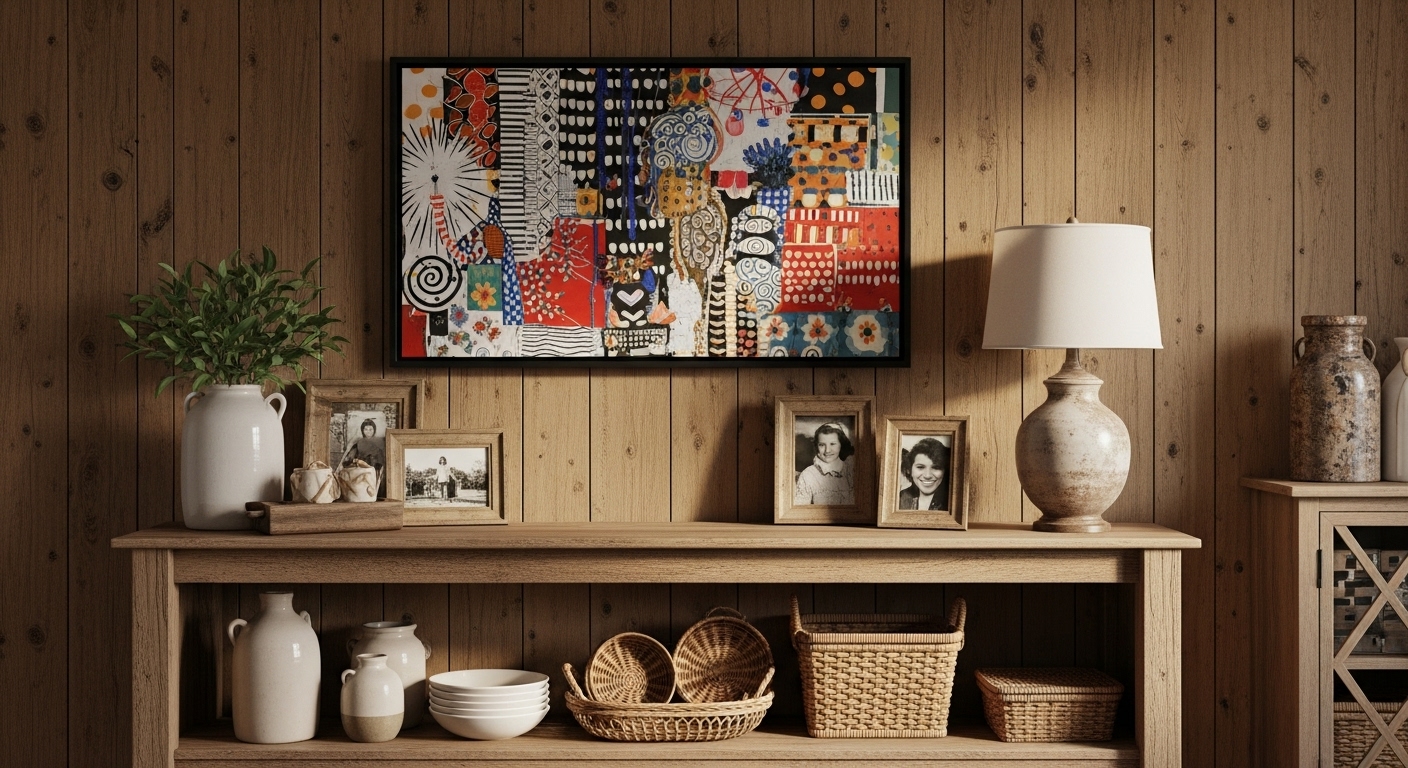 A modern art piece on the wall above a vintage console creates contrast in this rustic-modern room.