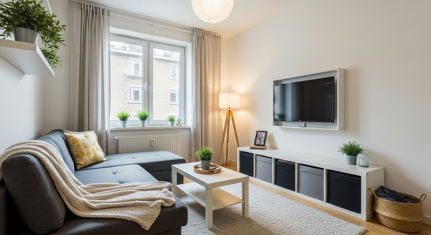 Compact living room with a flat TV mount against the wall and space-saving furniture setup