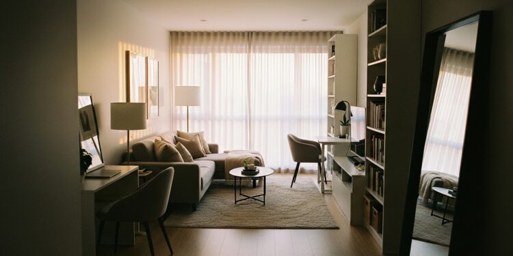A long, narrow living room with modern furniture, vertical shelving, soft lighting, and smart zoning for functional, cozy space