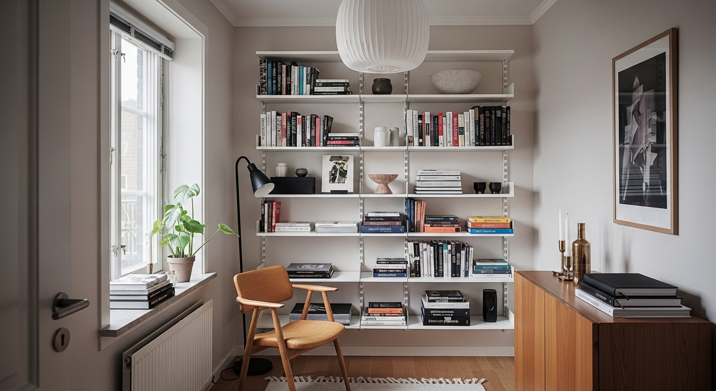 Tall bookshelves stretching from floor to ceiling in a small apartment room, drawing the eye upward and maximizing storage