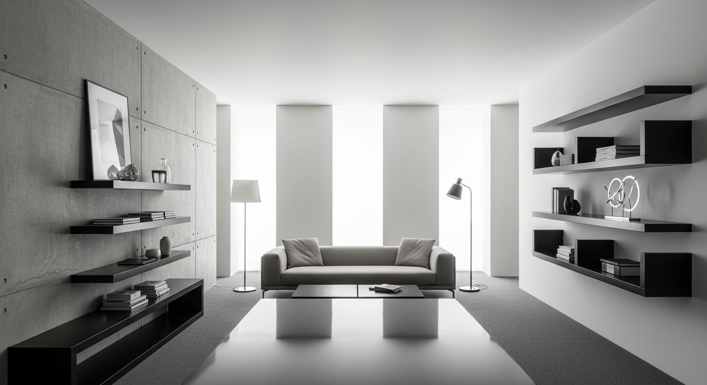 Modern room with clean-lined furniture and minimalist elements, creating a sleek and uncluttered space.