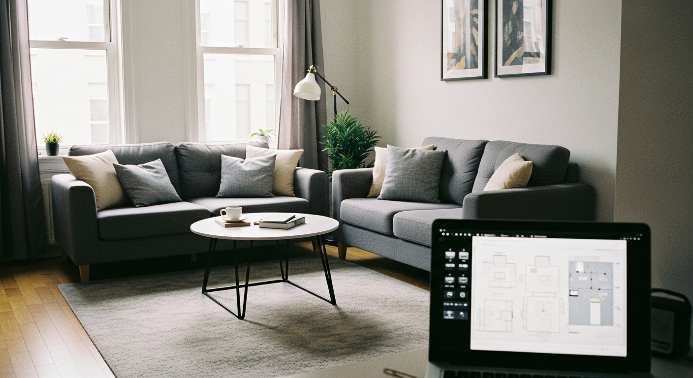 Modern small living room featuring a loveseat and large sofa arranged using a digital room planner.