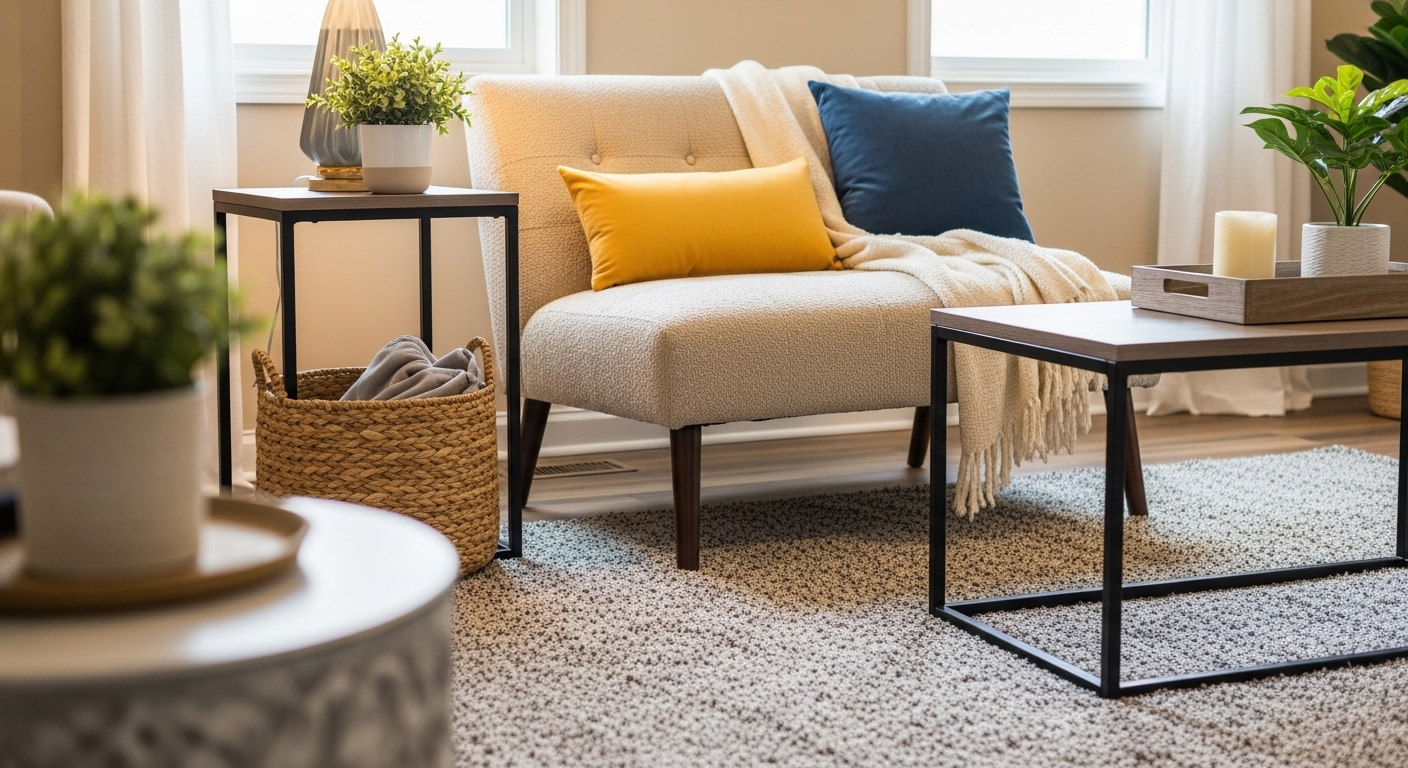 Stylish area rug placed beneath a small seating arrangement, visually defining the secondary furniture grouping within a room.