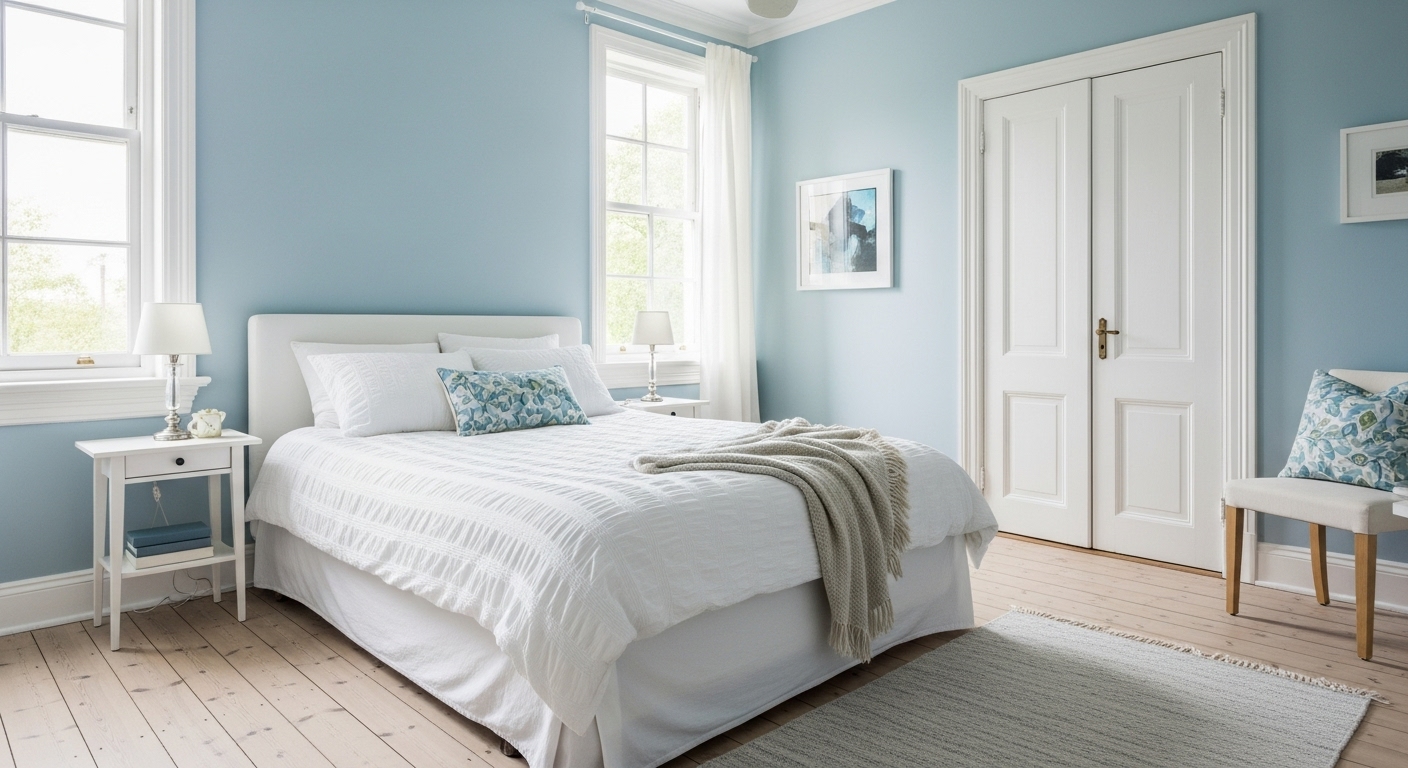 Small bedroom painted in soft blue with minimalist decor, using space-enhancing colors to visually expand the room