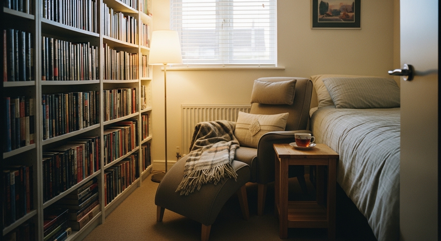 A spare bedroom transformed into a warm reading nook with a floor-to-ceiling bookshelf, a reclining chair, dim lighting, and a side table with a teacup.