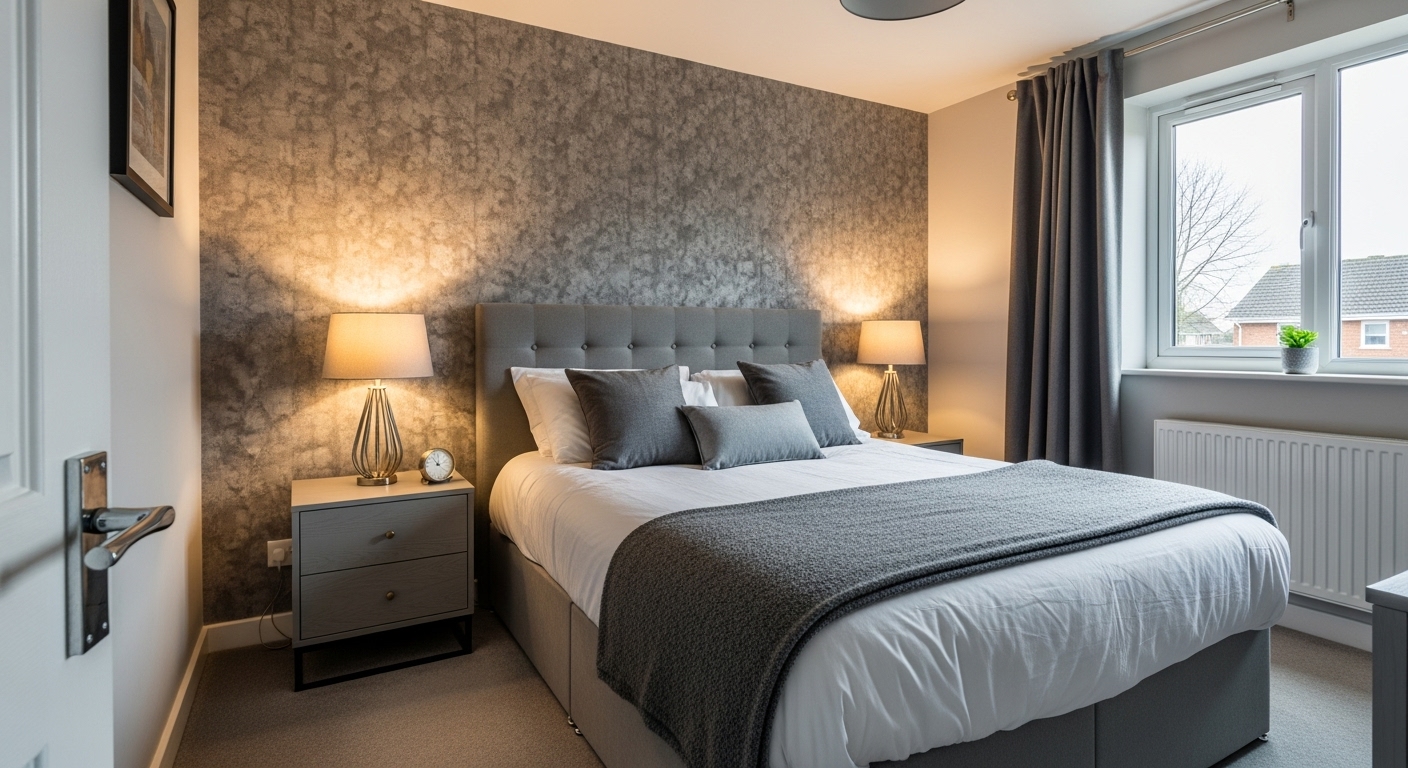 Contemporary bedroom featuring a textured grey accent wall with abstract printed wallpaper and stylish bed