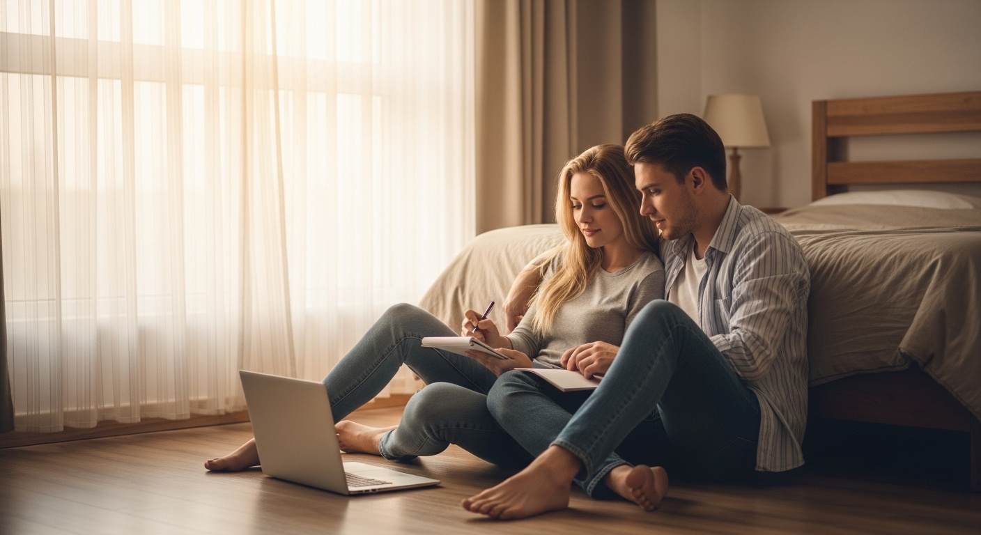 A couple planning a bedroom renovation budget together using a laptop and notepad in a cozy natural-lit room.