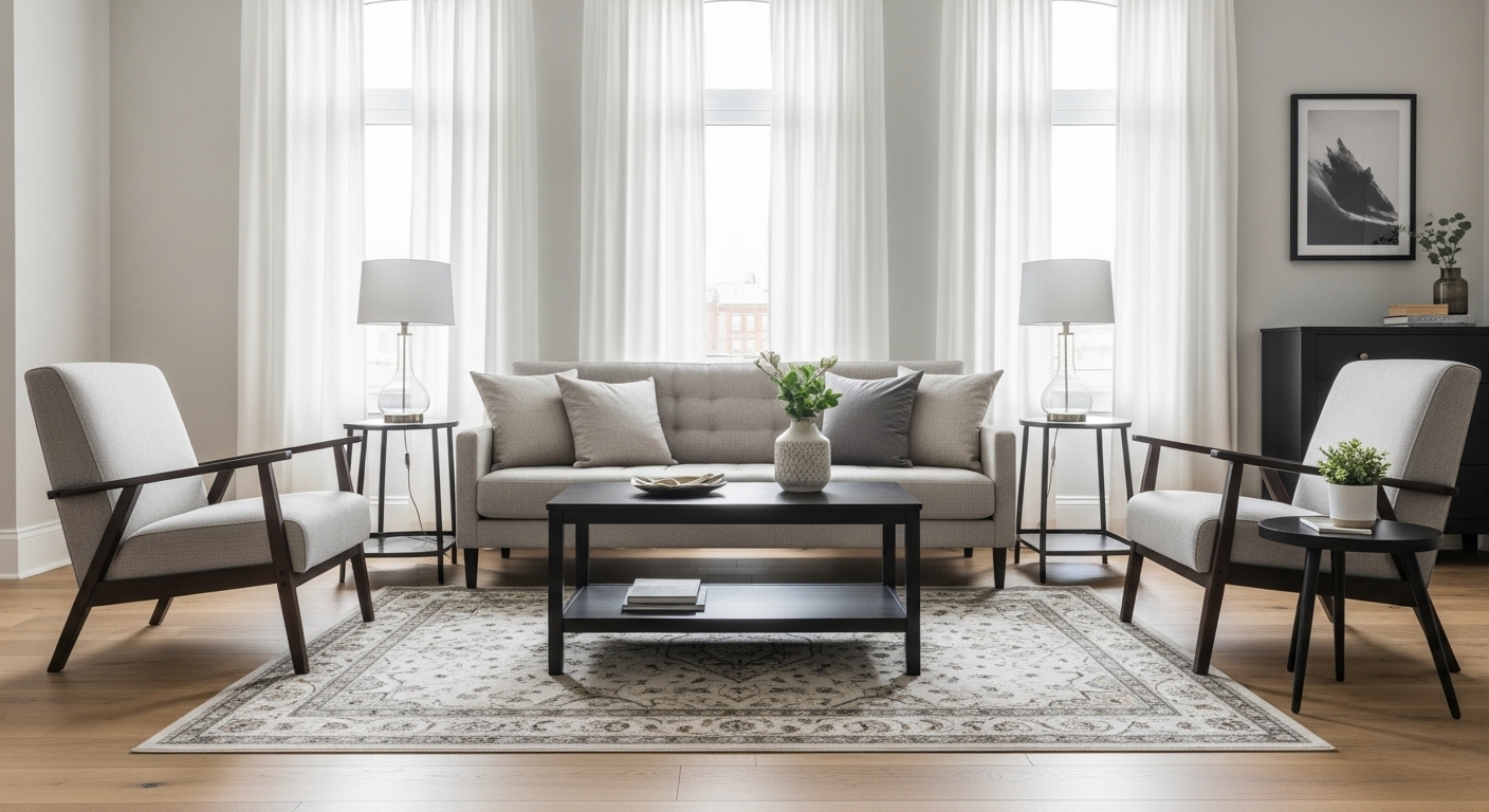 Modern living room showcasing a centered rug that anchors the entire seating arrangement in harmony.

