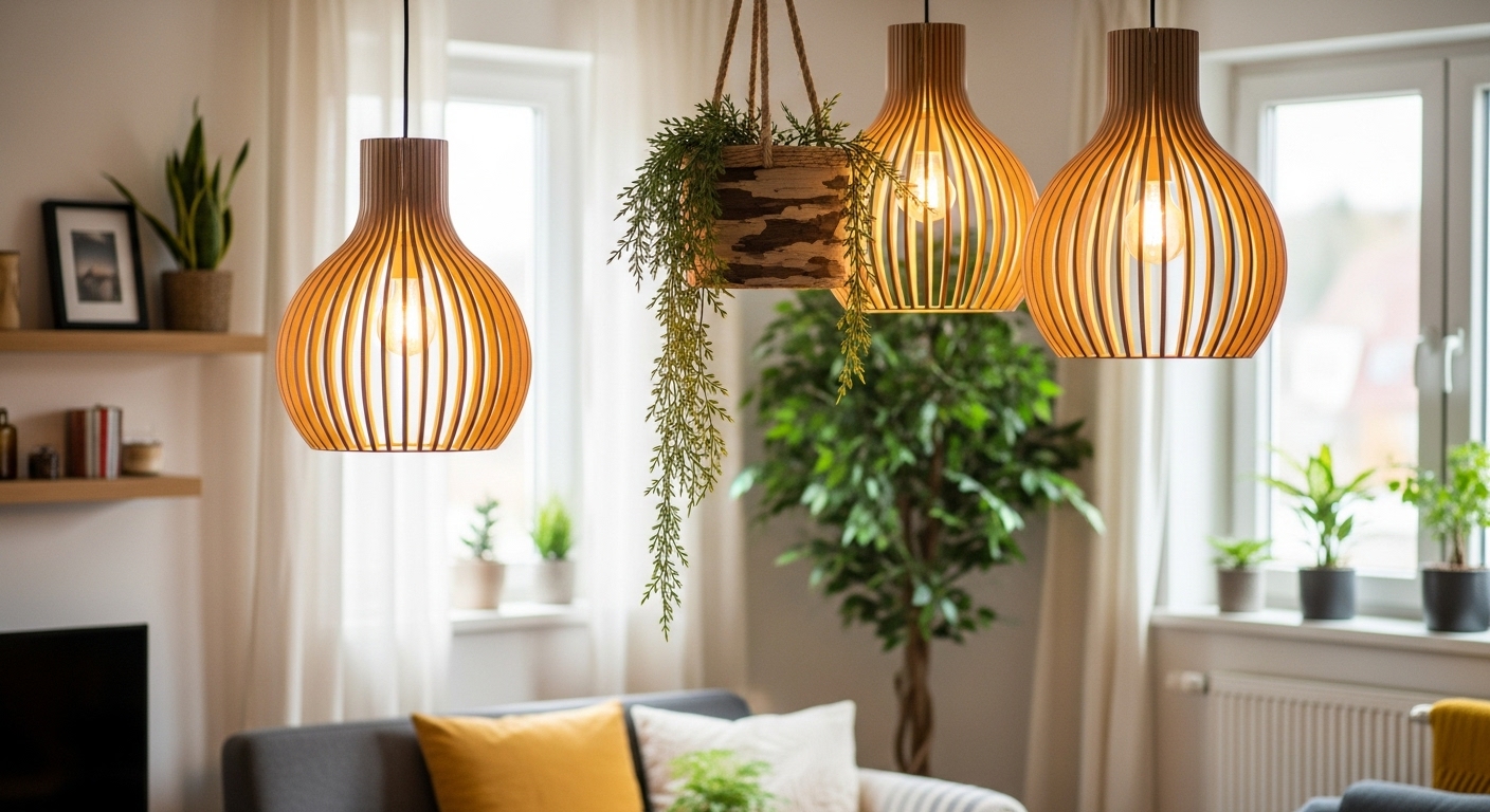 Warm-toned wooden pendant light fixtures hanging in a cozy eco-themed living room with earthy decor elements.