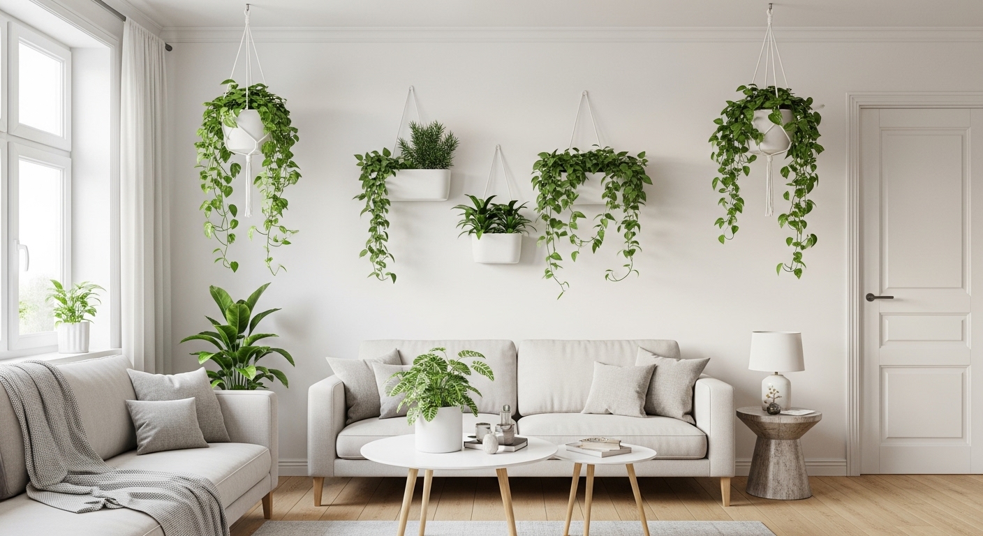Stylish living room with green hanging plants suspended from the ceiling and walls, adding depth and visual interest.