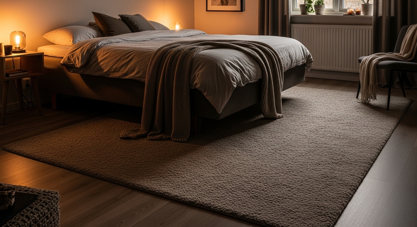 Cozy bedroom in winter with a large rug under a queen bed, featuring warm lighting and plush textiles for seasonal comfort.

