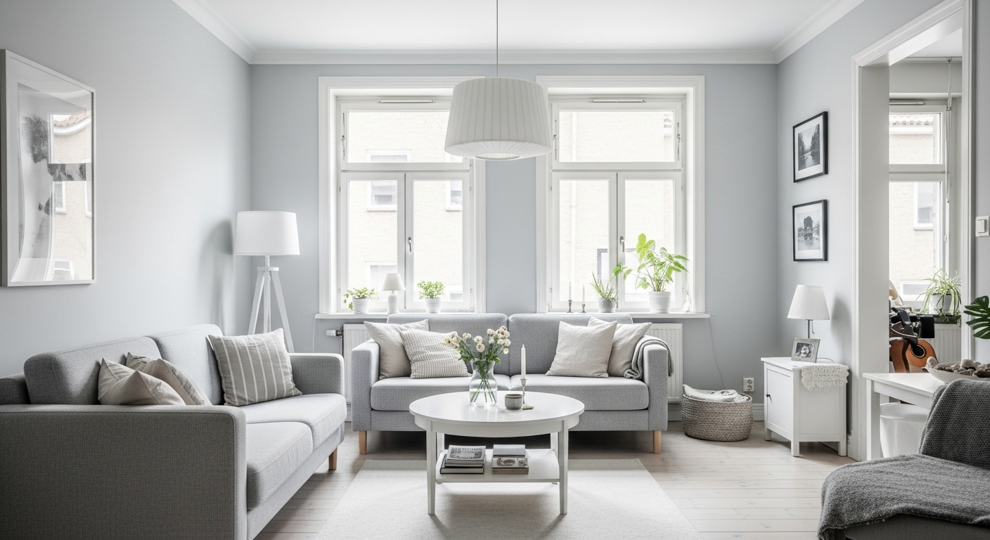 Minimalist living room with light grey tones and snowy white accents, bright and airy with natural lighting