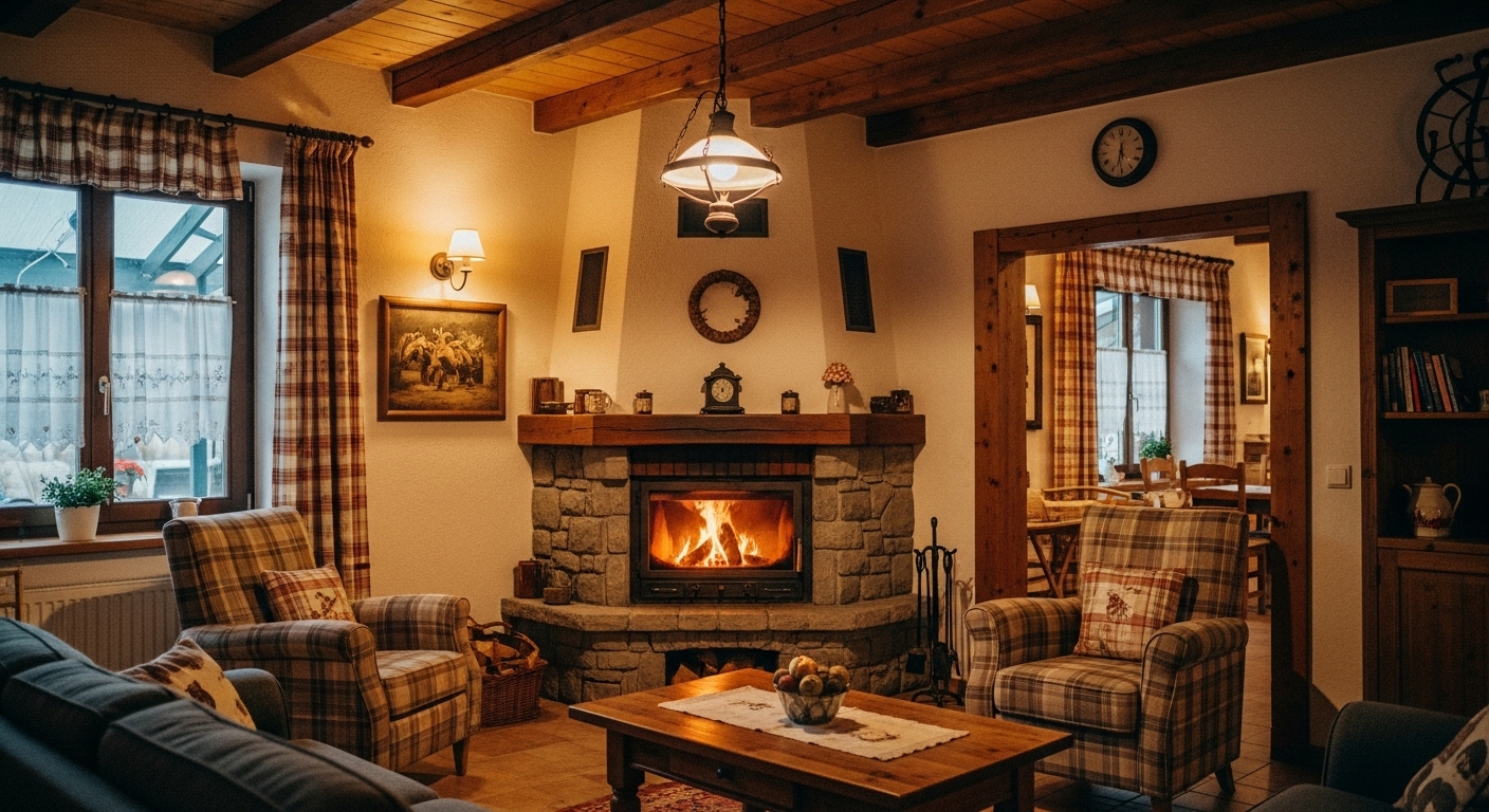 Corner fireplace surrounded by natural stone in a rustic country-style living room