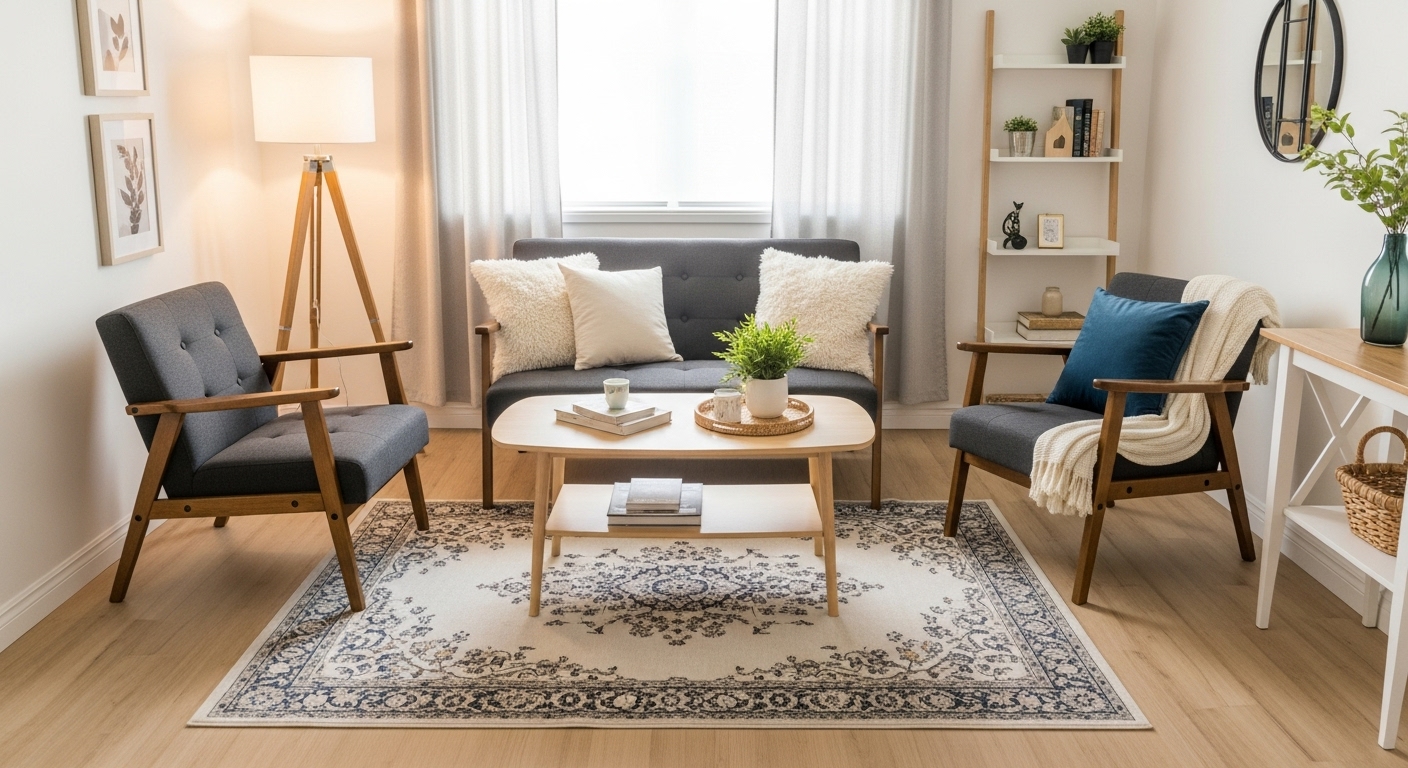 Compact living room with a perfectly sized rug fitting all furniture, visually expanding the space.

