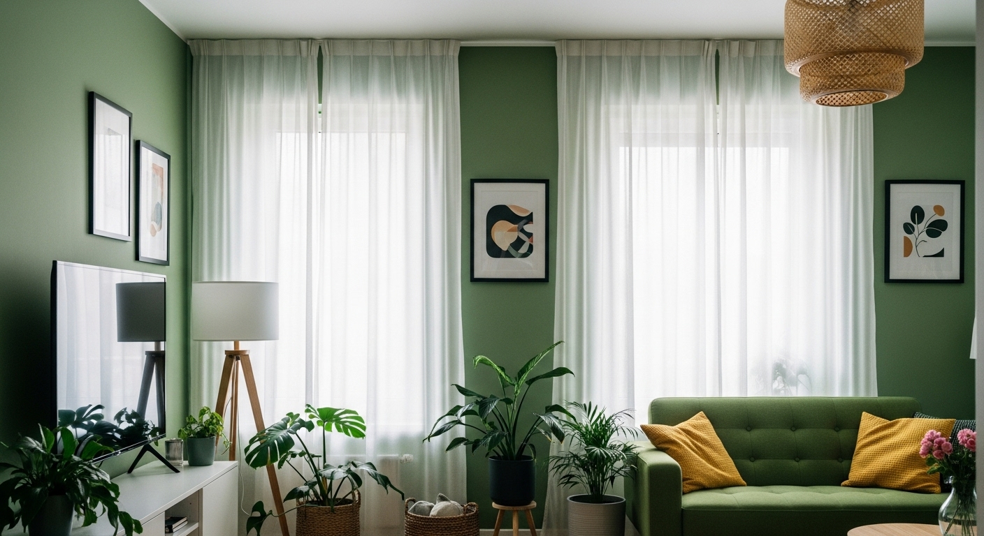 Sunlight streaming into a green living room through sheer curtains, enhancing the natural tones and indoor plants.