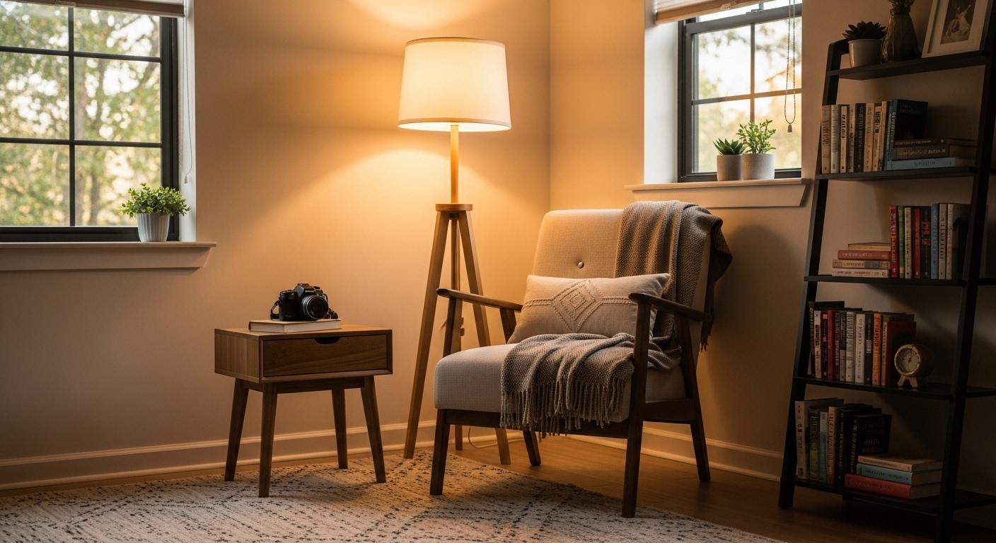 Comfortable reading nook with a plush armchair, floor lamp, small table, and books arranged in a cozy corner