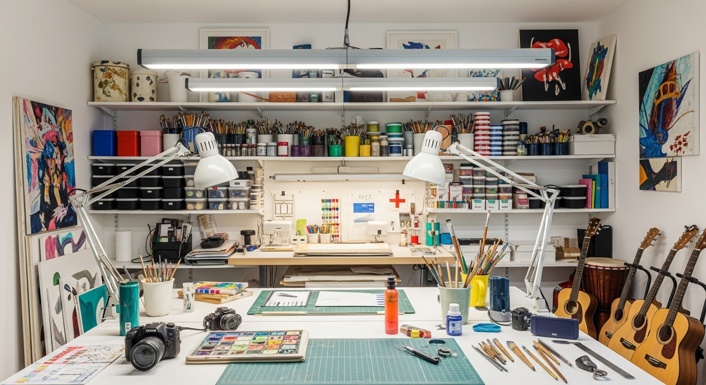 A vibrant hobby room featuring an adjustable light setup, shelves with materials, a central flexible work table, and completed artworks on display.