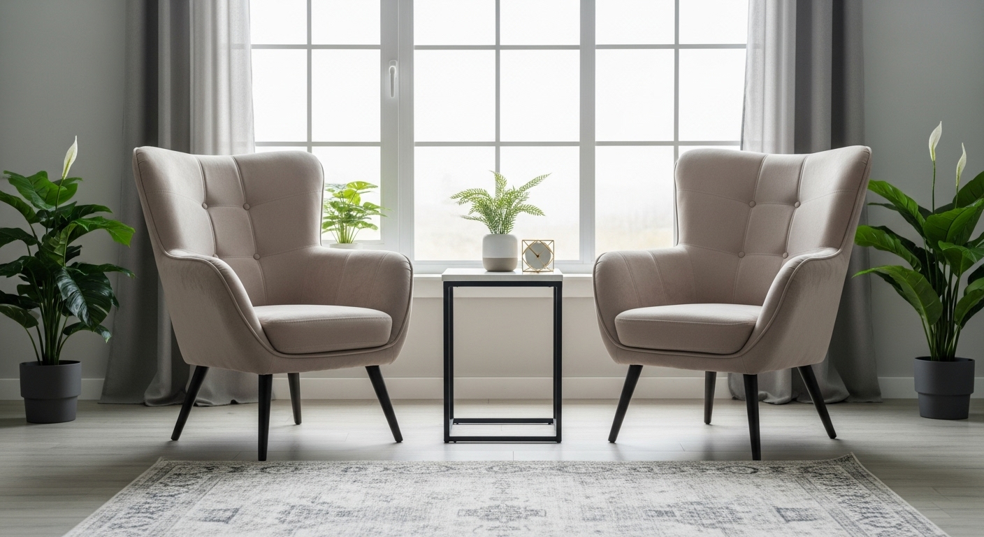 Small furniture grouping near window with chairs and side table in a stylish living room