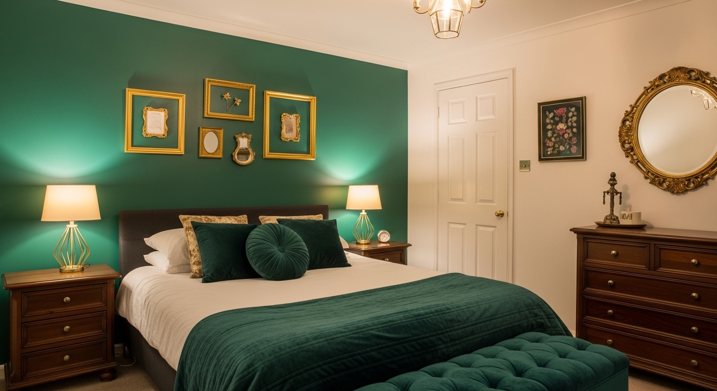 Emerald green bedroom accent wall with gold decor and dark wood furniture for a dramatic look