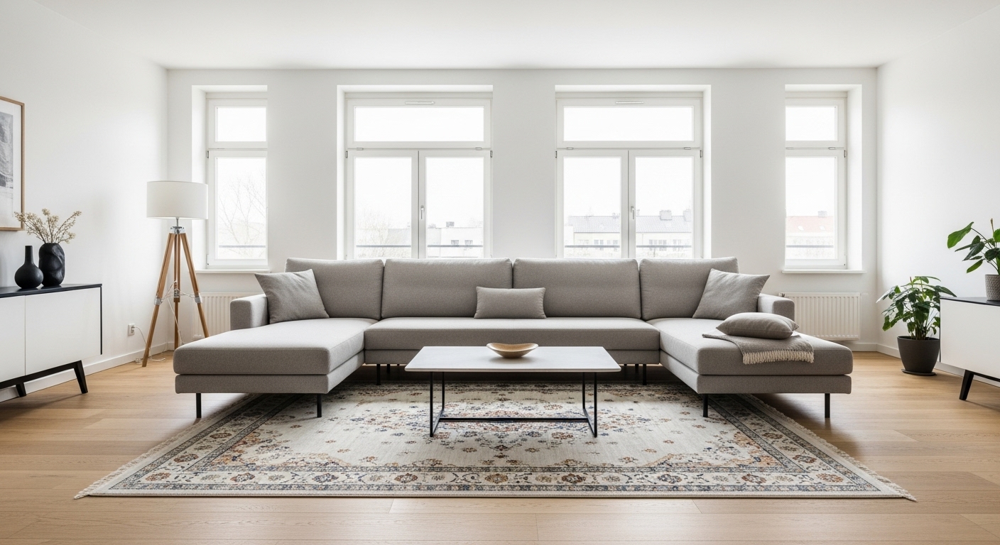 Square and round rug options in a square-shaped living room, demonstrating space separation and visual focus.