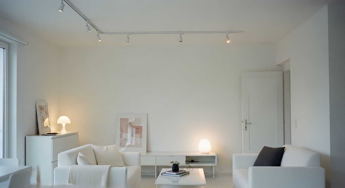 White minimalist living room with modern track lighting on ceiling