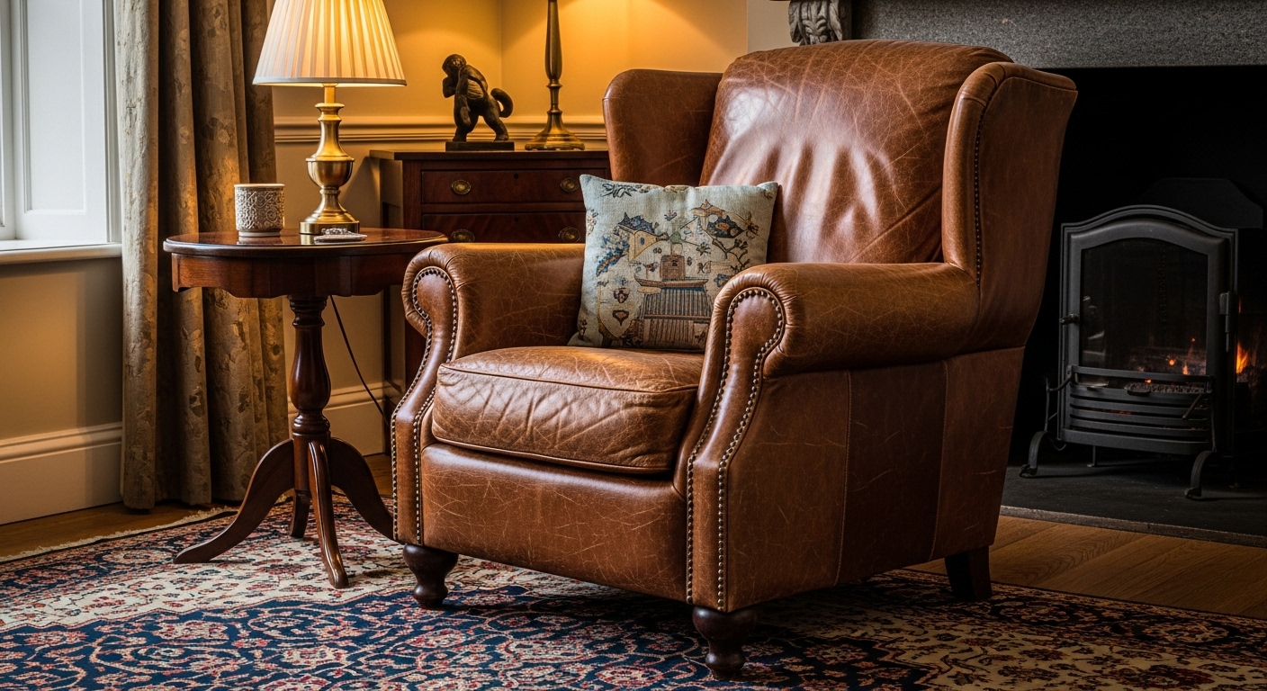 Traditional leather armchair in a vintage living room with elegant detailing and rich brown finish