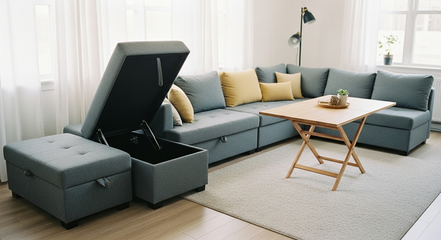 Ottomans with storage and expandable tables used in a small living room.

