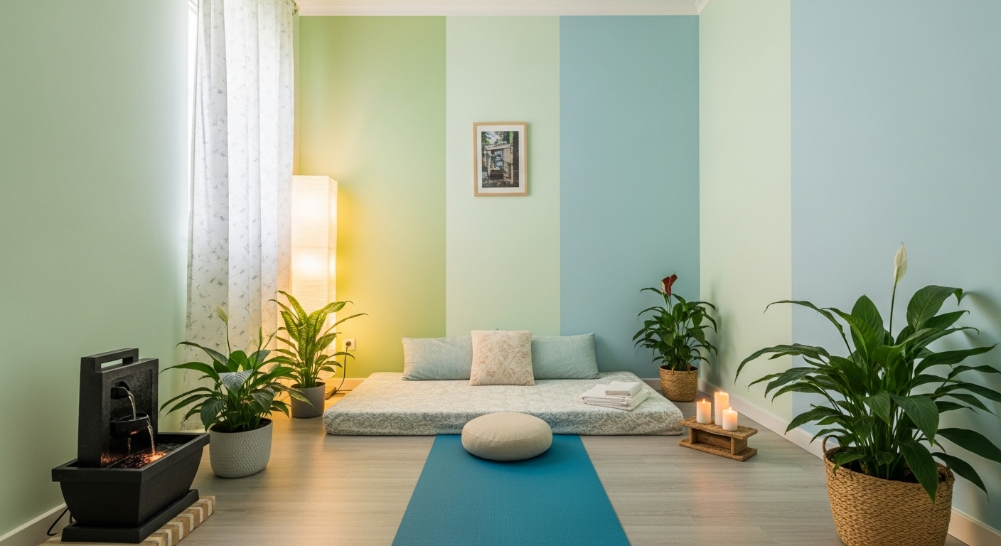 A tranquil meditation room in a spare bedroom featuring soft green tones, floor cushions, indoor plants, and a calming water feature in a minimalist setup.