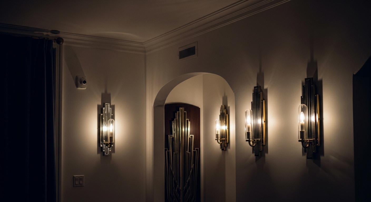 A pair of wall-mounted sconces with geometric patterns and metallic finishes, showcasing Art Deco lighting style.